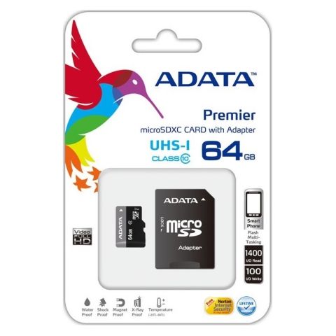   Micro SDXC 64Gb A-Data Premier Class 10 +  SD (AUSDX64GUICL10-RA1)