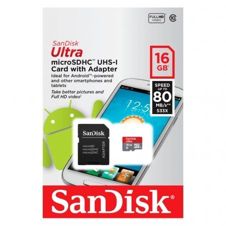   Micro SDHC 16Gb SanDisk Ultra Android Class 10 UHS-I, 80/ + 