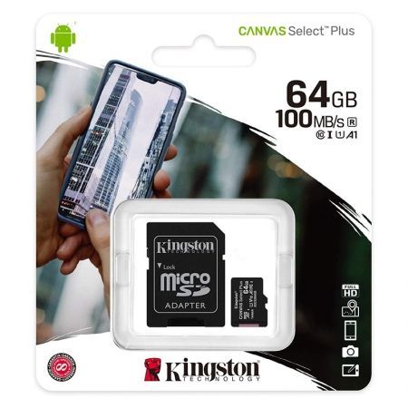   Micro SDXC 64Gb Kingston Class 10 Canvas Select Plus U1 A1, 100 / +  SD