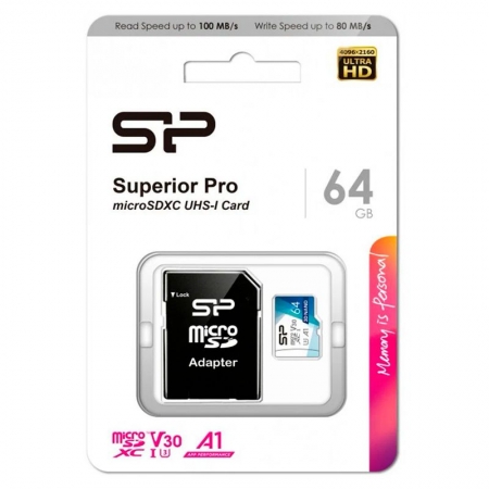  Micro SDXC 64Gb Silicon Power Superior Pro U3 V30 A1 +  SD (SP064GBSTXDU3V20AB)