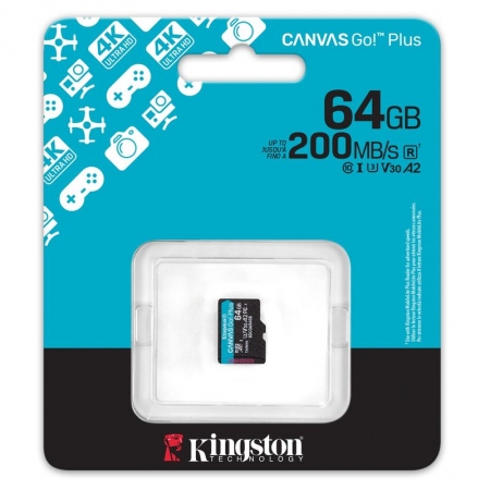   Micro SDXC 64Gb Kingston Canvas Go Plus U3 V30 A2   (SDCG4/64GBSP)