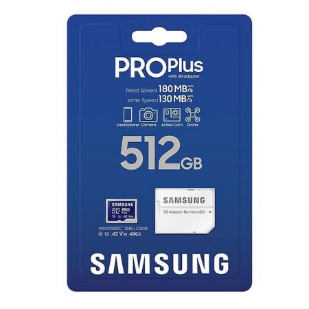 ����� ������ Micro SDXC 512Gb Samsung Pro Plus U3 A2 V30, R180/130 ��/� + ������� SD (MB-MD512SA/KR)
